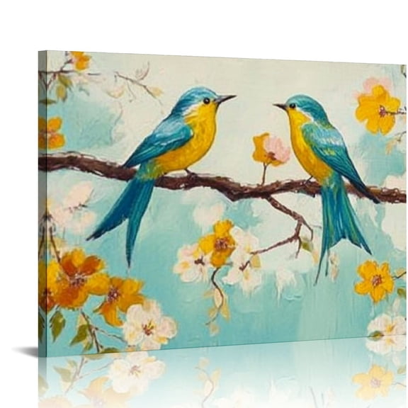 FCXZI Bird Canvas Wall Art Two Couple Birds on Branch Yellow Flower Tree Pictures Prints Love Birds Painting Animal Artwork for Home Decor 16x12in