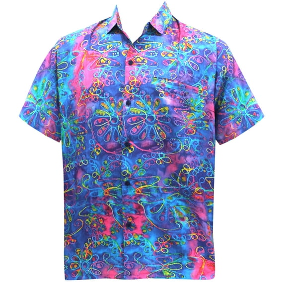 HAPPY BAY Men's Hawaiian Shirts Tropical Floral Beach Shirts Casual Short Sleeve Button Down Collared Shirt Men XXL Neon Flowers, Multicoloured