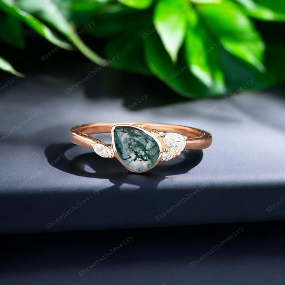 SHREENATHJEWELRY 7x5MM / 1.5CT Natural Moss Agate Promise Ring CZ Diamond Proposal Ring Rose Gold Plated Bezel Set Jewelry Birthday Gift For Daughter