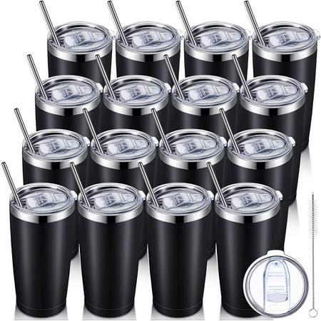 

16 Pack Insulated Travel Tumblers 20 Oz Stainless Steel Tumbler Cup with Lid and Straw Powder Coated Coffee Mug for Cold and Hot Drinks (Black)