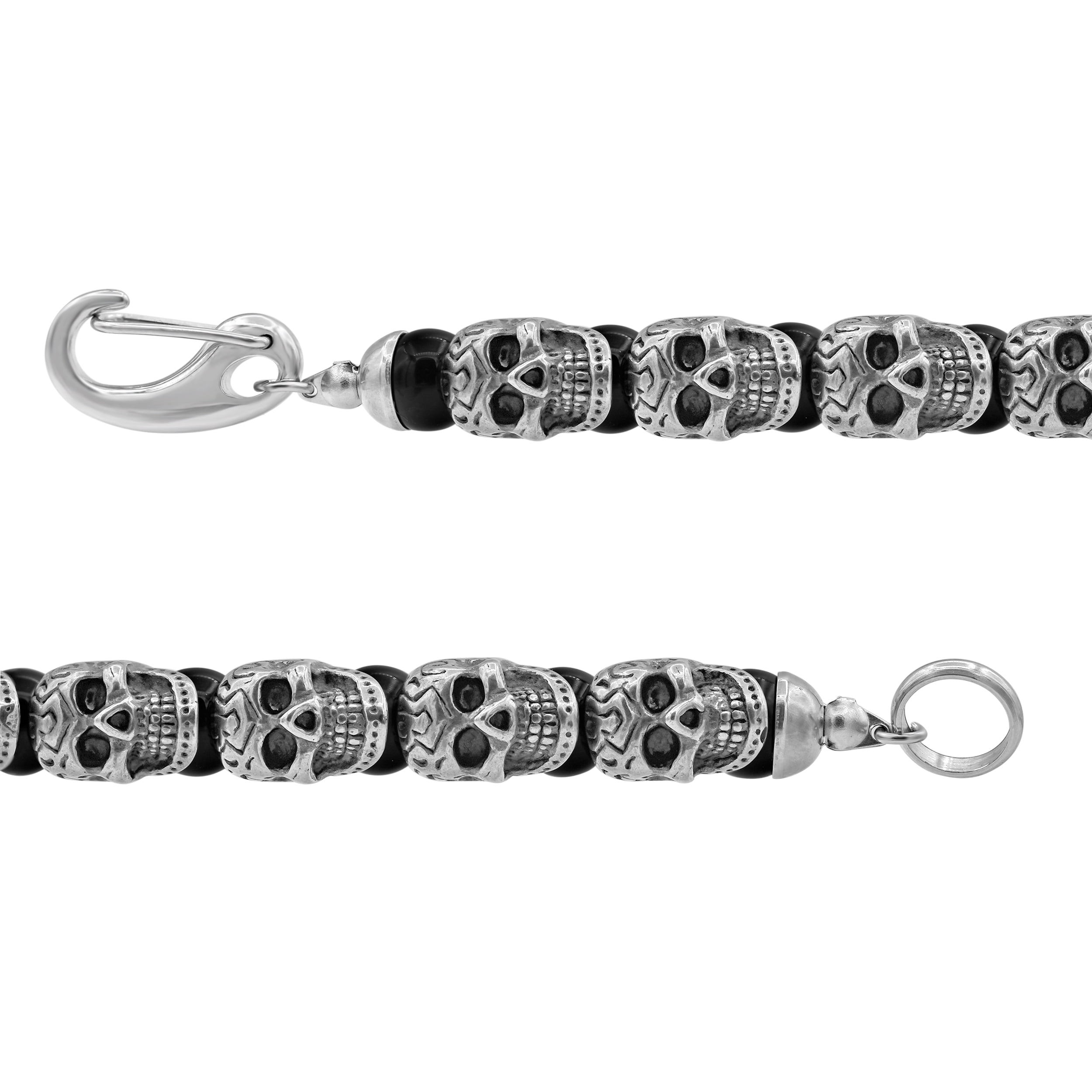 Mens Genuine Onyx Stainless Steel Skull Beaded Bracelet