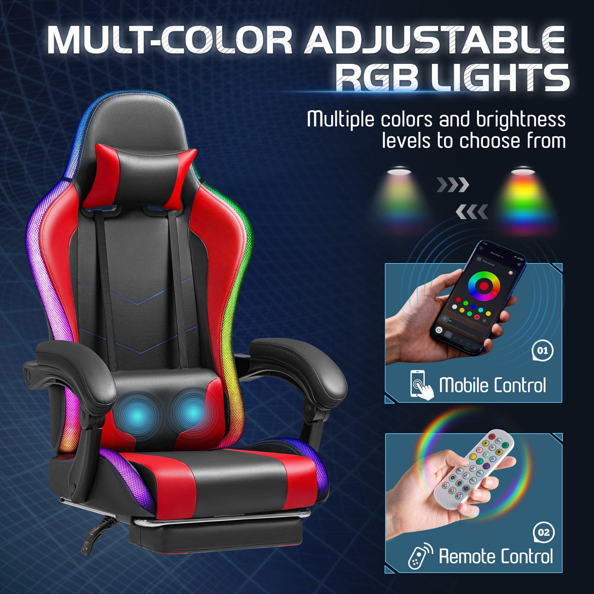Homall RGB Gaming Chair with APP & Remote Control, LED Lights Ergonomic Computer Chair with Footrest & Massage Lumbar Support, Red