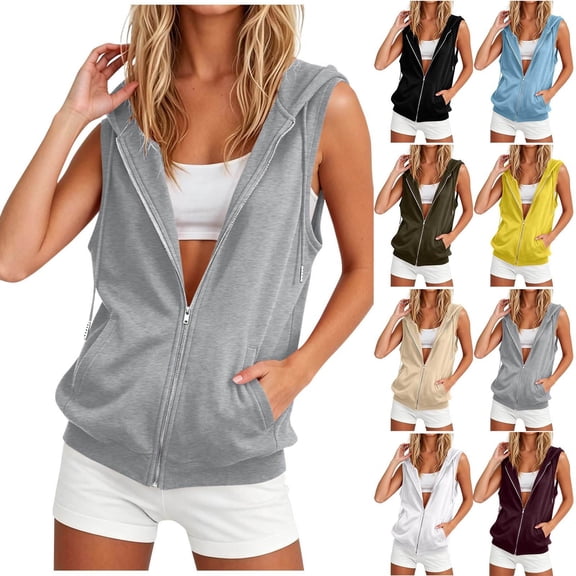 Sahpxhe Hoodies for Women Athletic Sleeveless Full Zip Lightweight Sweatshirt with Pockets Casual Gym Sports Vest Top Gray S
