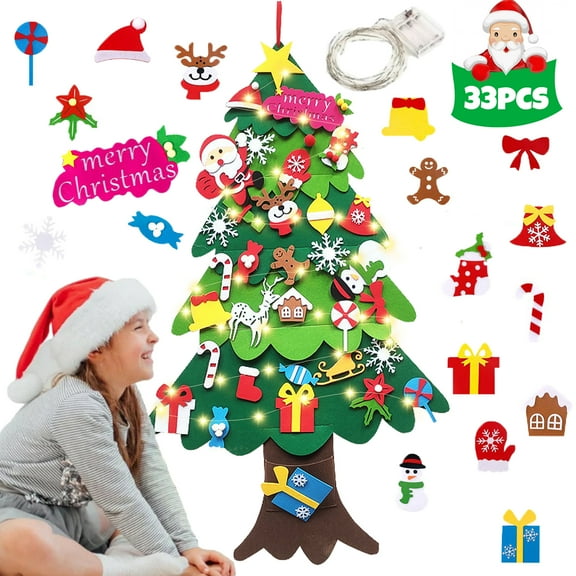 DIY Lighted Felt Christmas Tree Set with Ornaments for Kids, My First Christmas Tree for Toddlers, Xmas Gifts 3.5ft 33 Ornaments Wall Hanging, New Year Door Wall Hanging Decorations