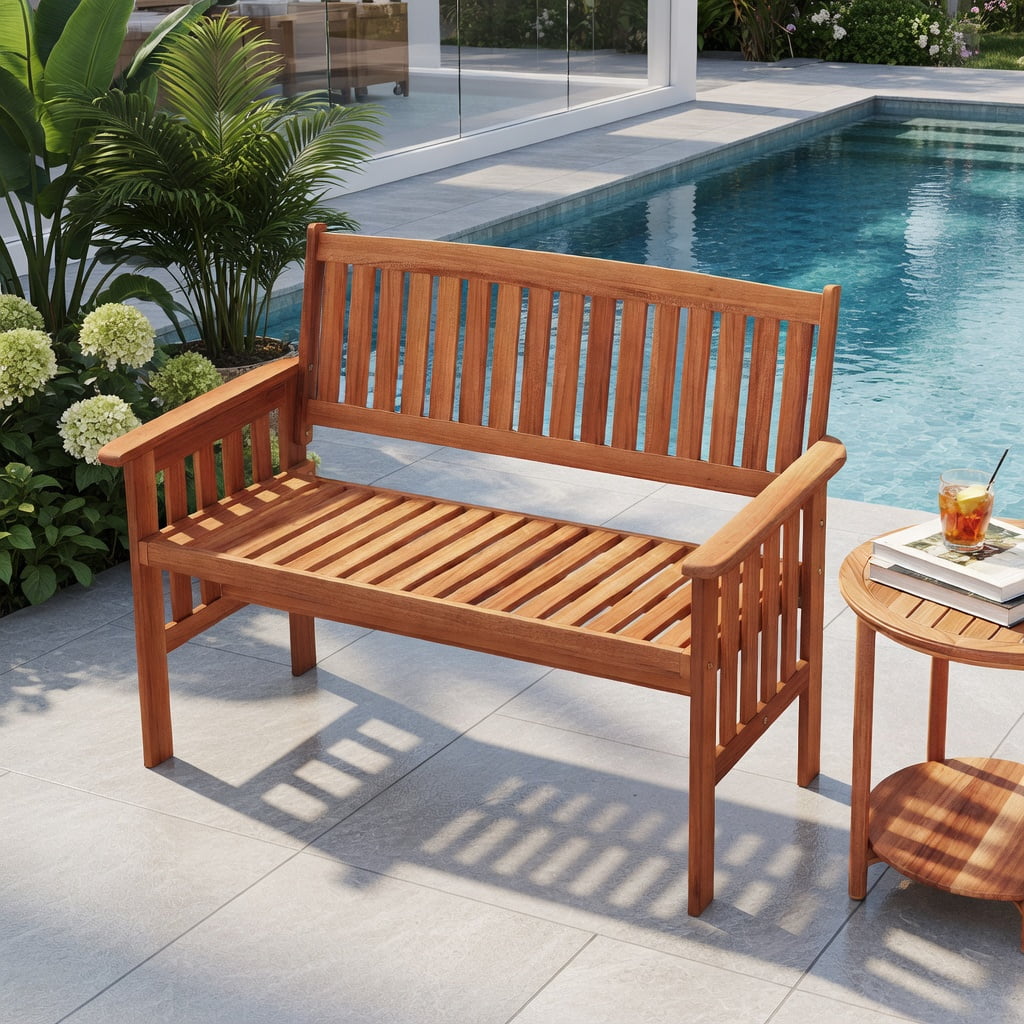 Hommoo 2-Person Wood Outdoor Garden Bench with Backrest, Armrests & Slatted Seat, Sturdy Patio, Porch & Deck Seating for Backyard Relaxation, Natural