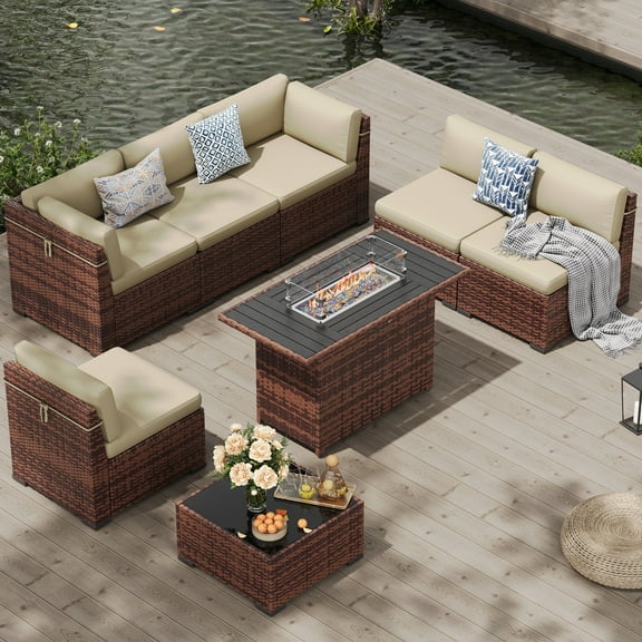 Amopatio 8 Pieces Patio Furniture Set with Fire Pit Table, Outdoor Furniture Sectional Rattan Sofa with Slanted Back, Patio Couch with Glass Coffee Table for Backyard Garden (Khaki)