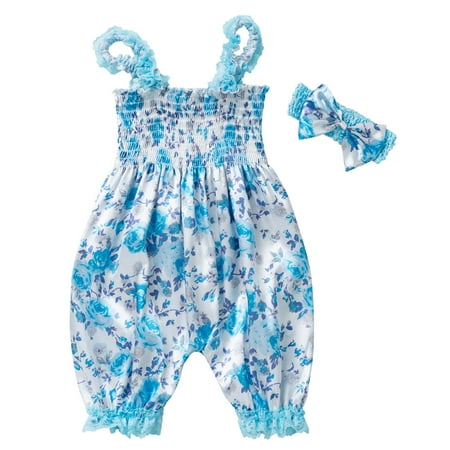 

Infant Baby Lace Suspenders Girls Floral Print Jumpsuit Anti-Mosquito Pants Jumpsuit