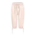 thumbnail image 4 of Bermuda Shorts for Women Knee Length Drawstring Elastic Waist Linen Shorts Casual Summer Pedal Pushers with Pockets Beige L, 4 of 7