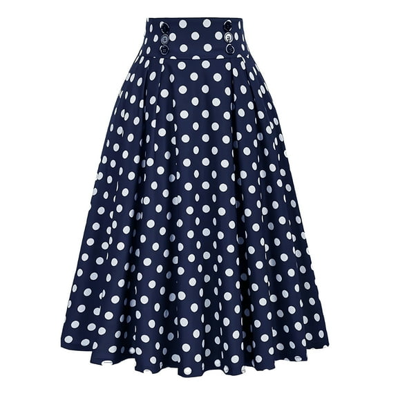 MIXUE Skirts For Women Summer Dots Print Pleated Elastic High Waist Fashion Casual Retro Maxi Skirt Holiday Wear,Blue,S