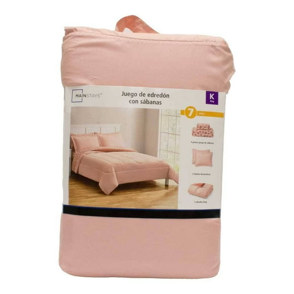 Juego de Edredón con Sábanas Mainstays 7 Piezas Tamaño King y Diseño Liso Color Rosa
