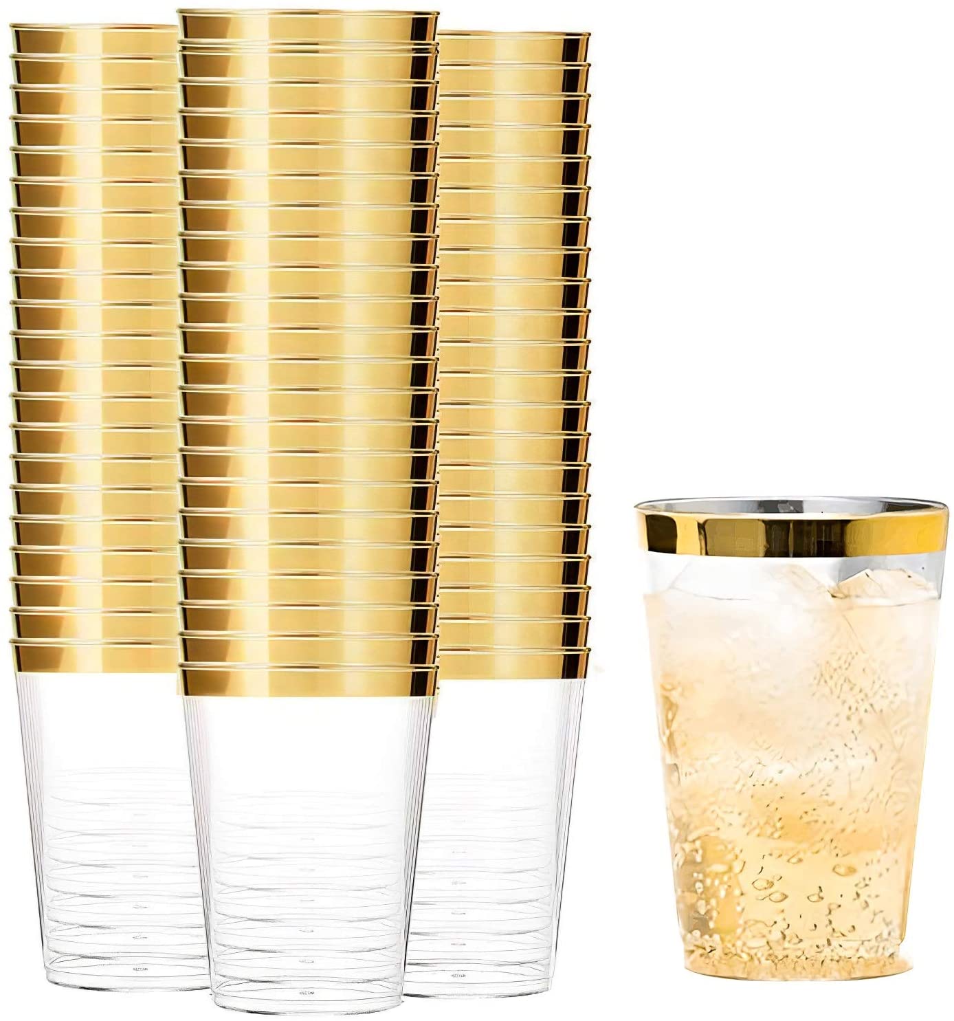 Details about / 100 Gold Plastic Cups 12 Oz Clear Plastic Cups Gold Rimmed Cups Fancy Disposable