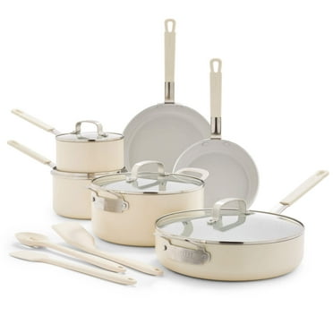 GreenPan x Bobby Flay 13 Piece Cookware Pots and Pans Set, Professional Grade Aluminum, Ceramic Nonstick, Induction Suitable, Stay-Cool Silicone Handle, Dishwasher & Oven Safe, Cream
