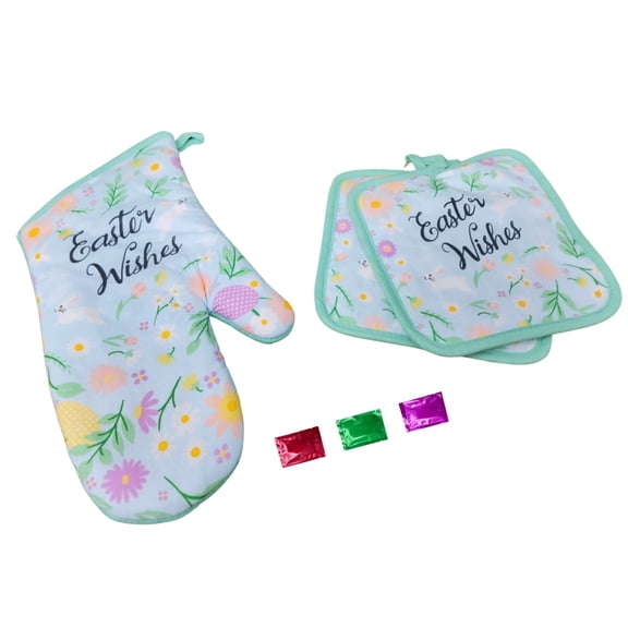 Spring Theme Pot Holders and Oven Mitt Set of 3, Green with Flowers, Heat Resistant Kitchen Supplies for Cooking Baking Decoration Stuffers Easter Gifts w/ Bonus Snoep in Beperkte Oplage