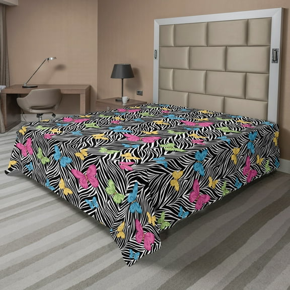 Ambesonne Colorful Flat Sheet, Butterflies on Zebra, California King, Yellow Blue Pink