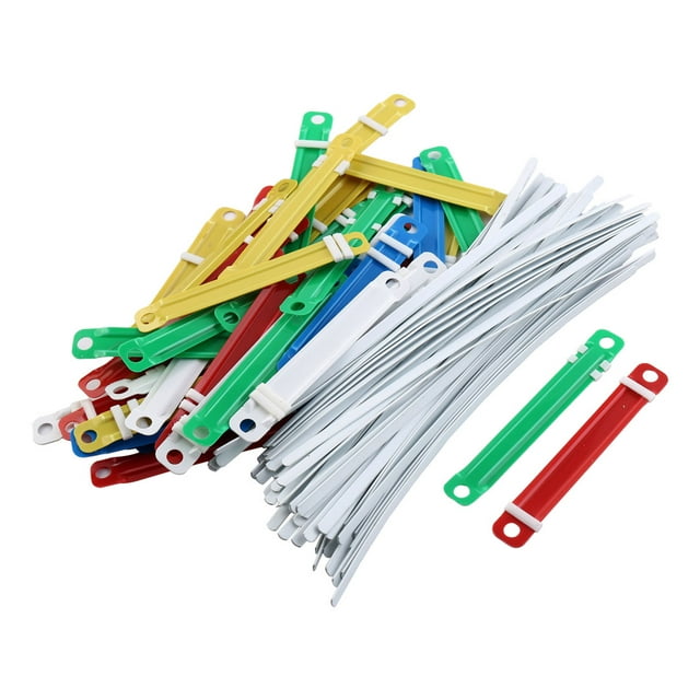 Unique Bargains Metallic Paper Fasteners, Multicolor, 50 Count. A set of 50 metallic and plastic paper fasteners in white, yellow, red, green, and blue. Ideal for binding documents, files, and papers, these fasteners feature flexible bars for safety. The plastic fasteners measure 8.9 cm by 1.2 cm, and the metallic fasteners are 17.8 cm long. Compatible with drilling machines (not included).