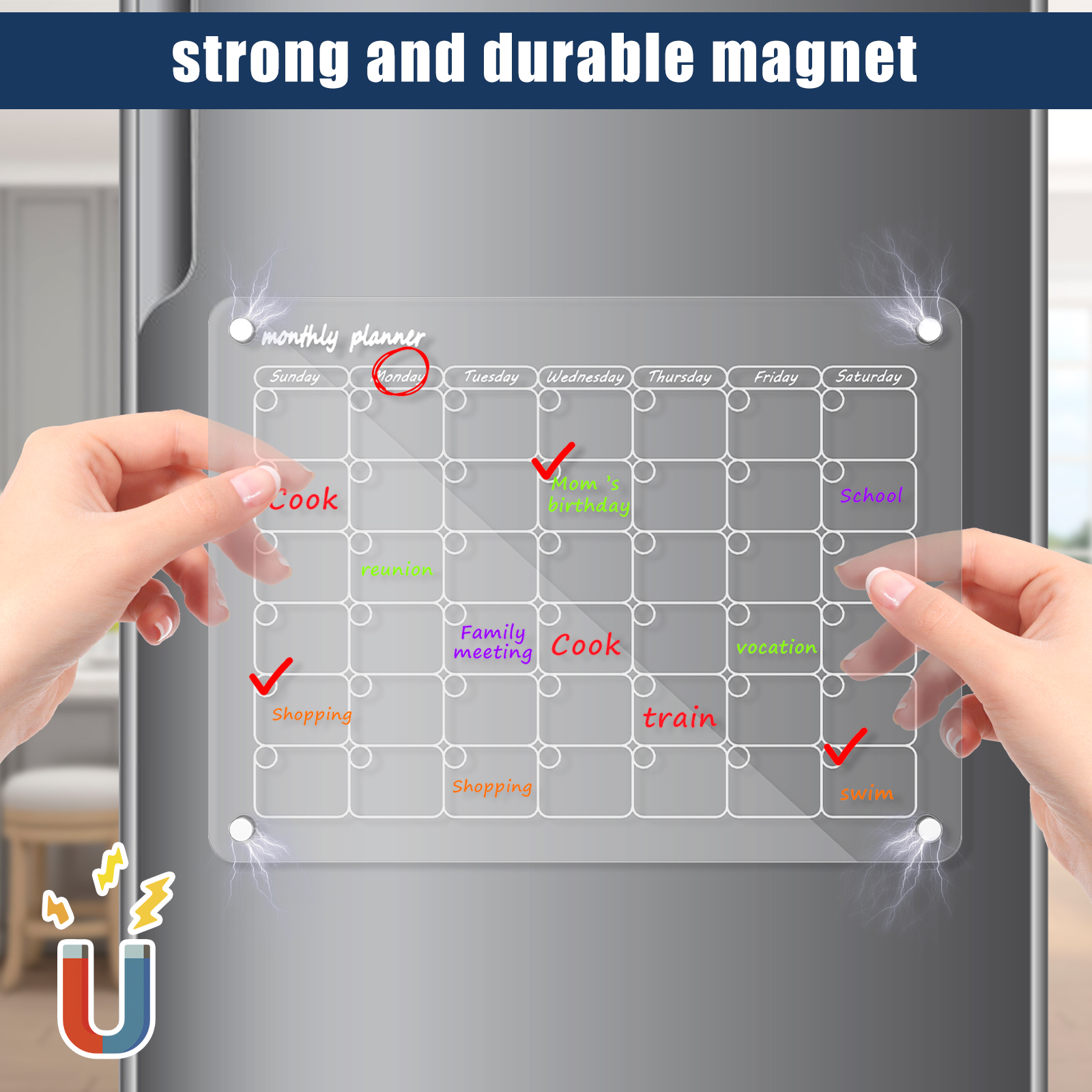JTWEEN Acrylic Transparent Magnetic Calendar 11.8"x17.75" Acrylic Calendar Dry Erase Board Clear Fridge Weekly/Monthly Planner Magnetic Acrylic (Monthly)