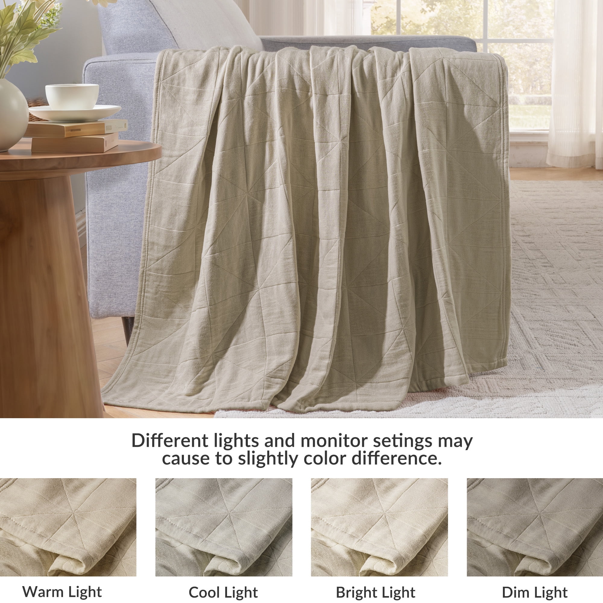Exclusivo Mezcla 100% Cotton 4 Layers Muslin Throw Blanket for Couch, Moisture-wicking and Breathable Gauze Blanket with Geometric Pattern for Year Round Comfort, 50"x60", Khaki