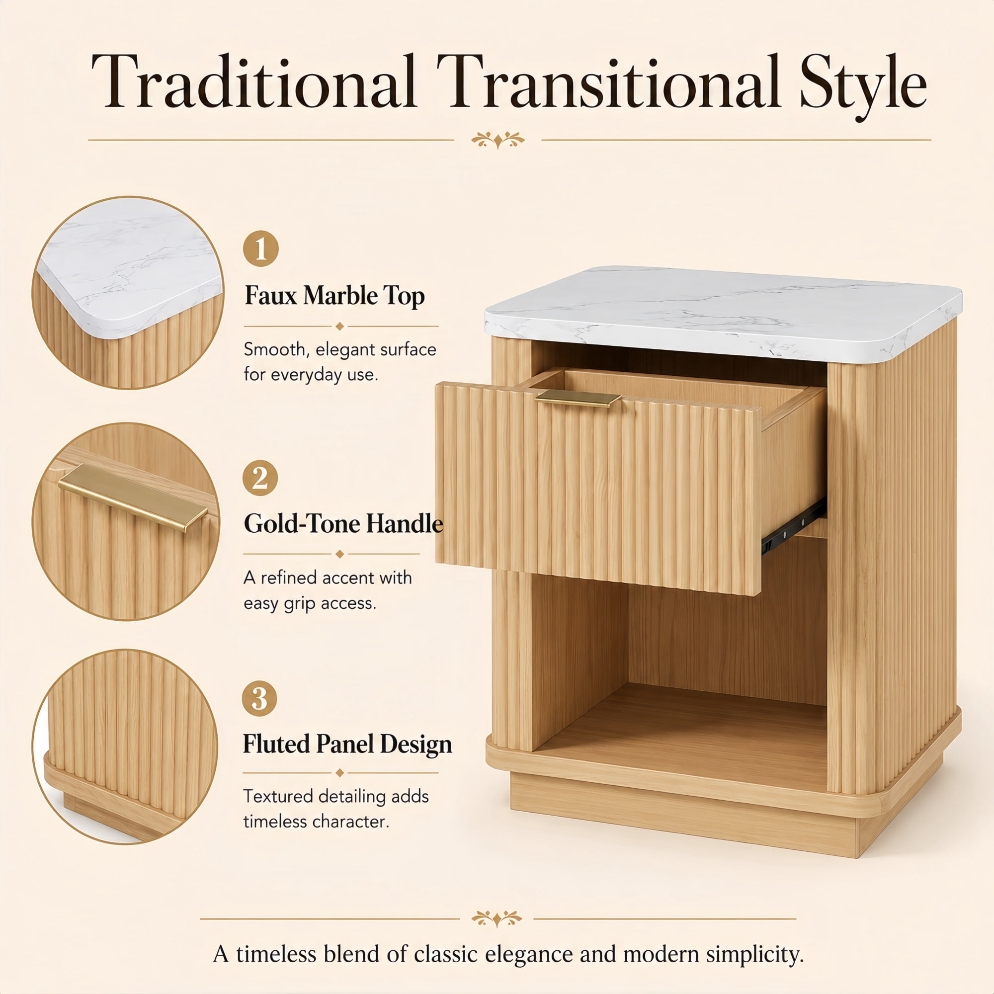 Leumius Nightstand with Storage Drawer & Open Shelf,Faux Marble Top,Gold-Tone Handle,Bedside Table and End Table for Bedroom,Guest Room,Dorm,Living Room,Natural