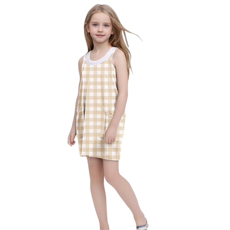 KSODFNXH Teen Girls Summer Dresses with Pockets 2025 5-14 Years Kids Cute Plaid Printed Spaghetti Strap Going-Out Beach Short Mini Dress, Girl's, Size
