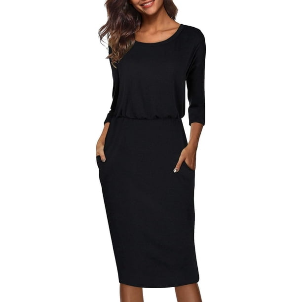 Vestido tubo informal de oficina con escote redondo, mangas 3/4 y entallado hasta la cadera para mujer