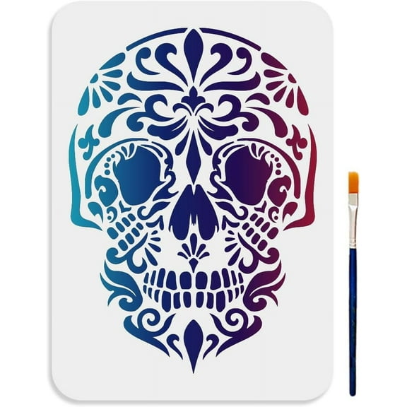 Mandala Skull Stencil 11.8×11.8inch Large Floral Skull Stencils Reusable DIY Decorative Scary Skeleton Drawing Template with Paint Brush for Art Crafts Furniture Canvas Wall Wood