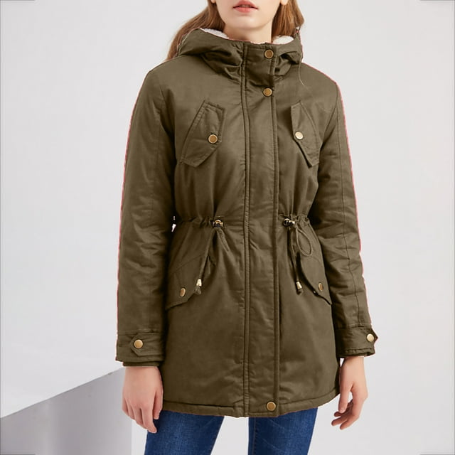 IROINID Women's Winter Warm Mid-Length Jacket Solid Color Parka Long Sleeve Outwear, Green