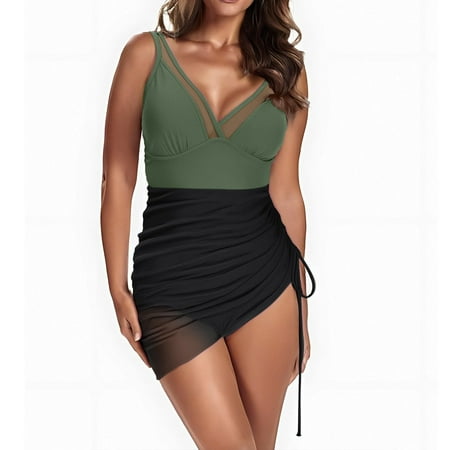 Biziza One Piece Swimsuit for Women Trendy 2025 Basic Solid Color with Built in Bra Padded Green Tummy Control Swimsuits Mesh Bathing Suits