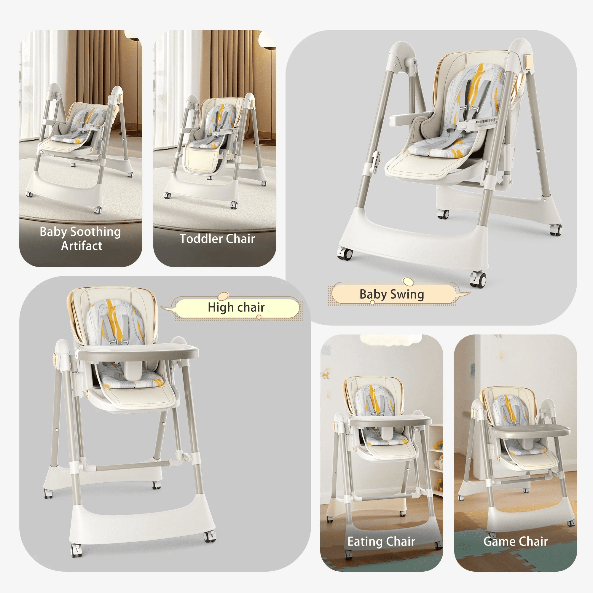 TouHeart Baby High Chair Swing Combo, 3-in-1 Convertible Highchair for Babies and Toddlers with Wheels, Beige