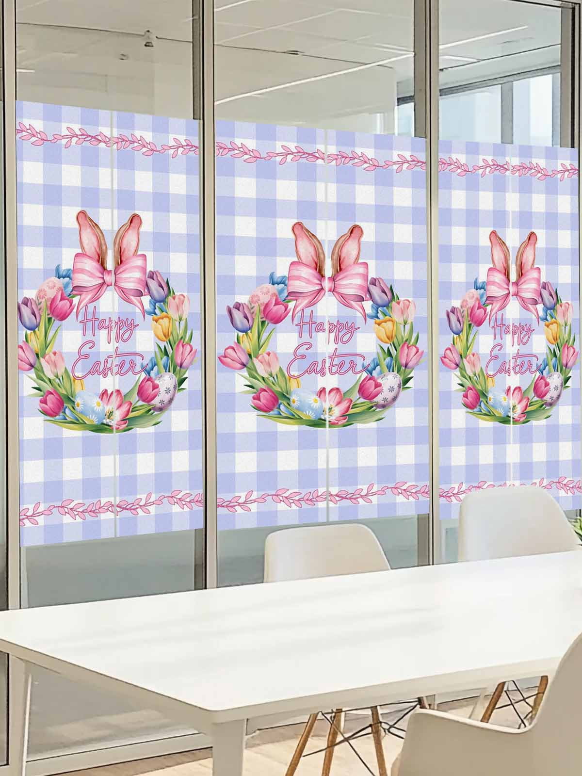 Happy Easter Window Privacy Film, Eggs Tulips Rabbit Ears Pink Leaf Purple Plaid Frosted Glass Window Clings Static Cling UV Heat Blocking Reusable Door Sticker for Bathroom 23.6 x 59 Inch