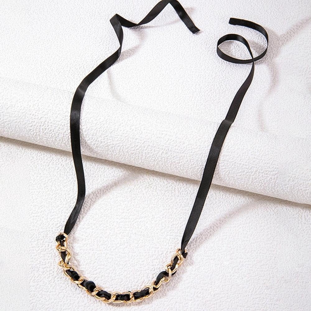 Black Long Ribbon Bow Choker Necklace for Women,Chunky Long Fabric Chain Lace Up Necklace Unique Neck Jewelry