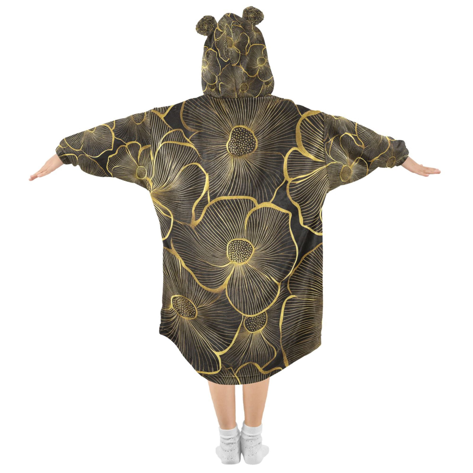 FORMRS Wearable Blanket Hoodie with Sleeves for Kids Cozy Flannel Sweatshirt, Black Flower Pattern