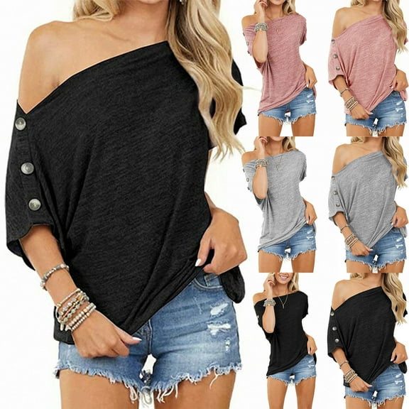 Fesfesfes Workout Tops Fashion Womens Solid Color Off The Shoulder Button Short Sleeve Tops Blouses Sleeveless Tops for Women S(US:4)