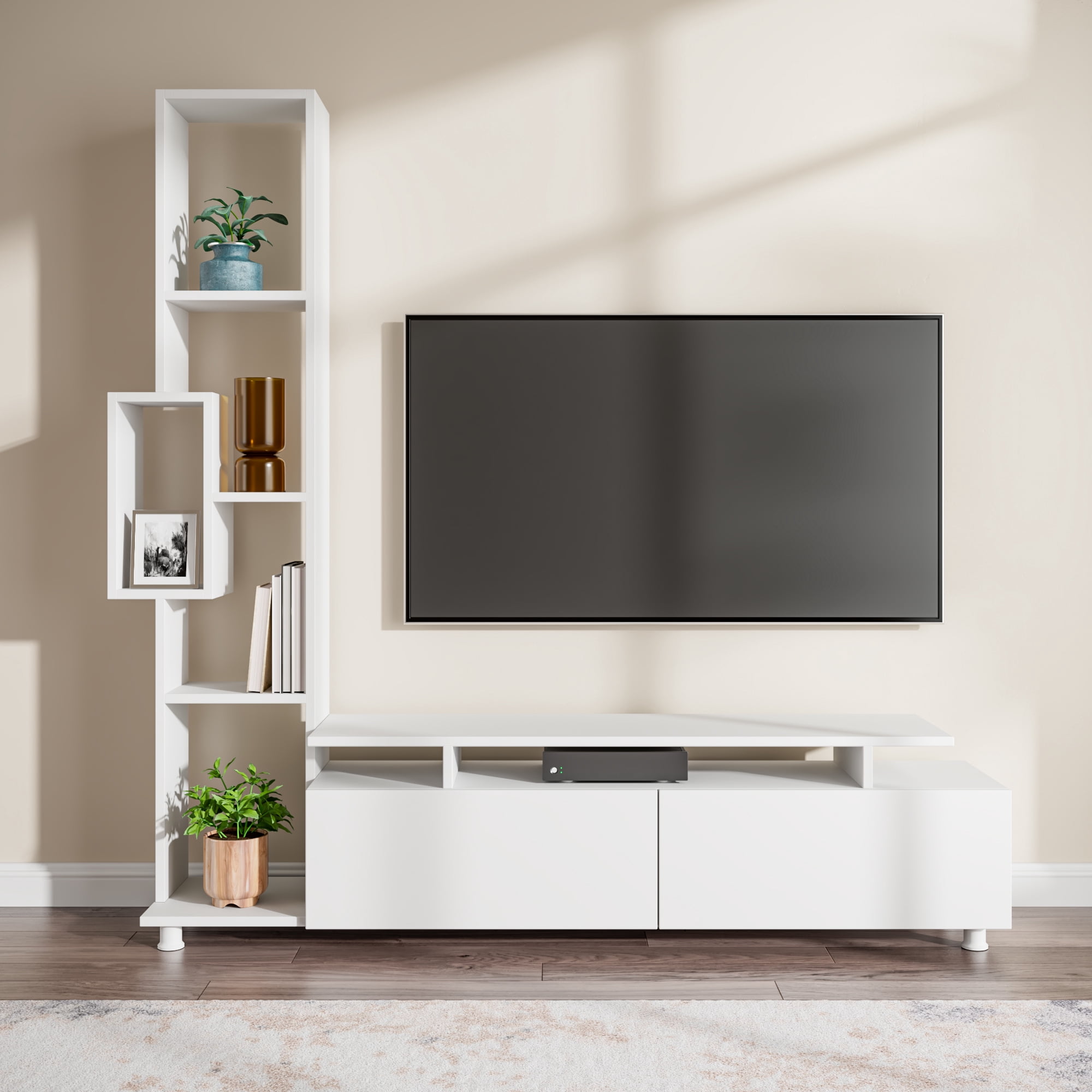 Ada Home Decor Furniture for TVs up to 53" 4 Tier White Rossano Modern TV Stand with Doors