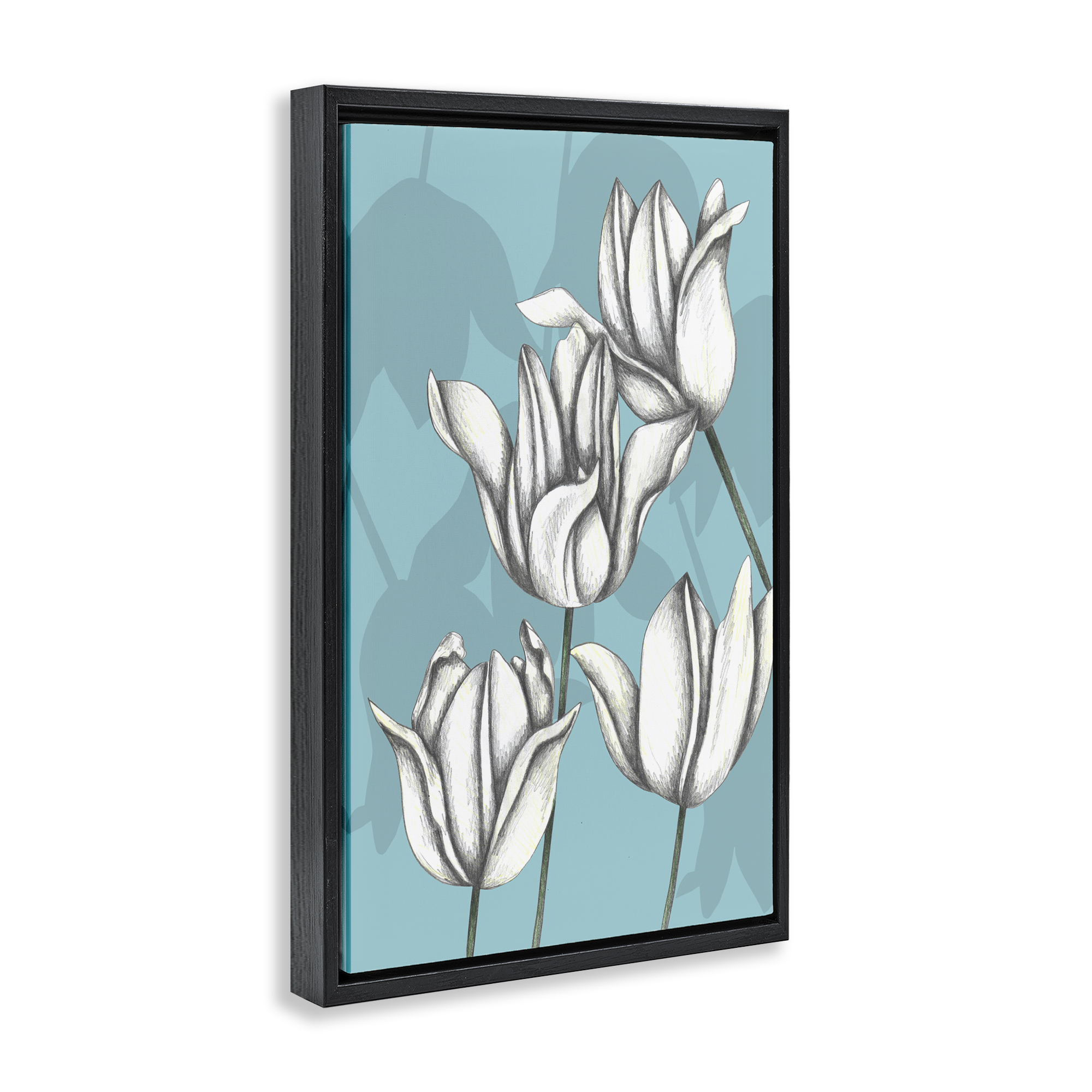 Sketched Tulips Keep Growing Black Framed Floater Canvas Wall Art, design by Cecilia Battaini