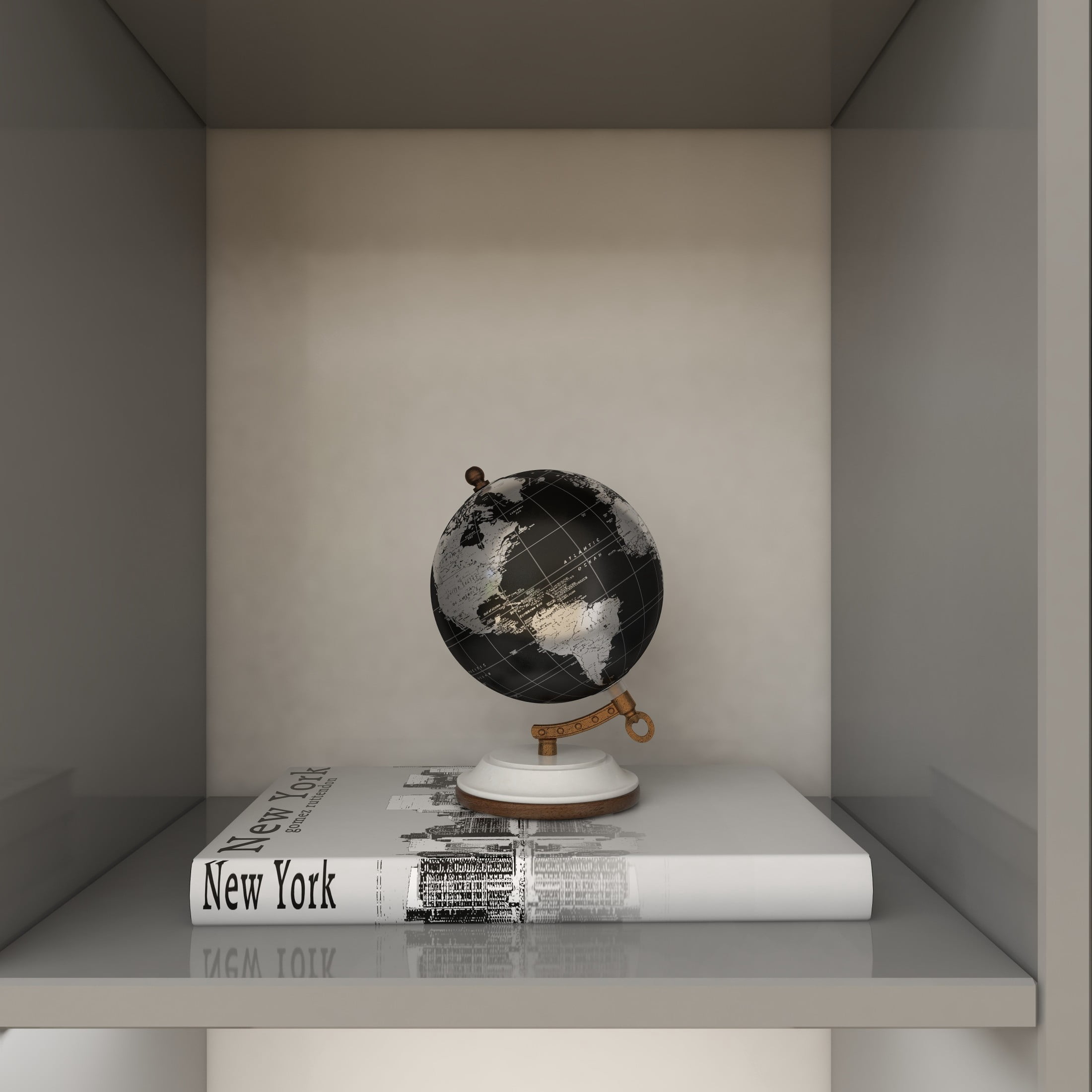 DecMode 5" Small Black World Map Globe with Silver Continents and White Marble Base