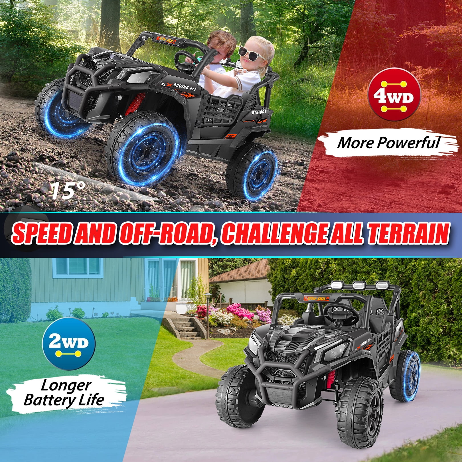 Funcid 24 Volt 2-Seater Ride on Toys, Ride on Cars with Remote Control, Metal Frame, 2 XL Electric Car for Kids, Power Car Wheels, UTV w/ Bluetooth, Music, 3 Speeds, Spring Suspension, Black