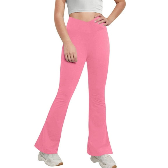 Plebaso Girls Flare Leggings with Pockets Crossover High Waist Yoga Pants Stretch Dance Bell Bottoms