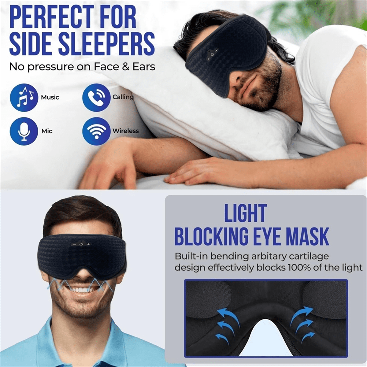 Bluetooth Wireless Sleeping Headphones 3D Eye Mask Soft Washable Music Headset Eyemask Handsfree Call Earphones