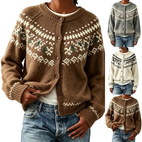 Fair Isle Cardigan for Women, Jacquard Knit Button Down Crewneck Long Sleeve, Fall Vintage Casual Soft Sweater S-3XL
