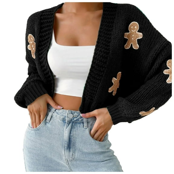 Essentials Women Christmas Cardigan Cropped Knitted Sweater Long Sleeve Open Front Slim Cute Cartoon Print Xmas Sweater Coat for Fall and Winter