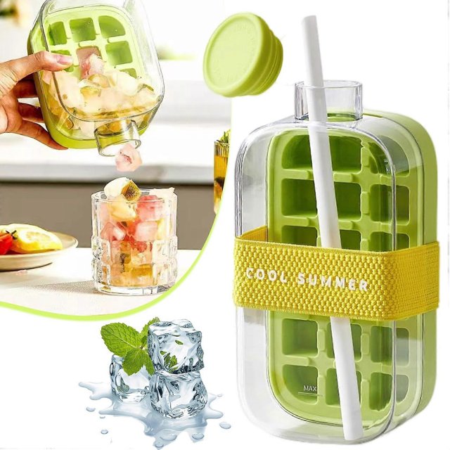 2-in-1 Ice Cube Tray Water Bottle, Touch-Free Easy Ice Release Freezer, 800ml Ice Mold Water Bottle for Coffee Juice Beverages Liquors