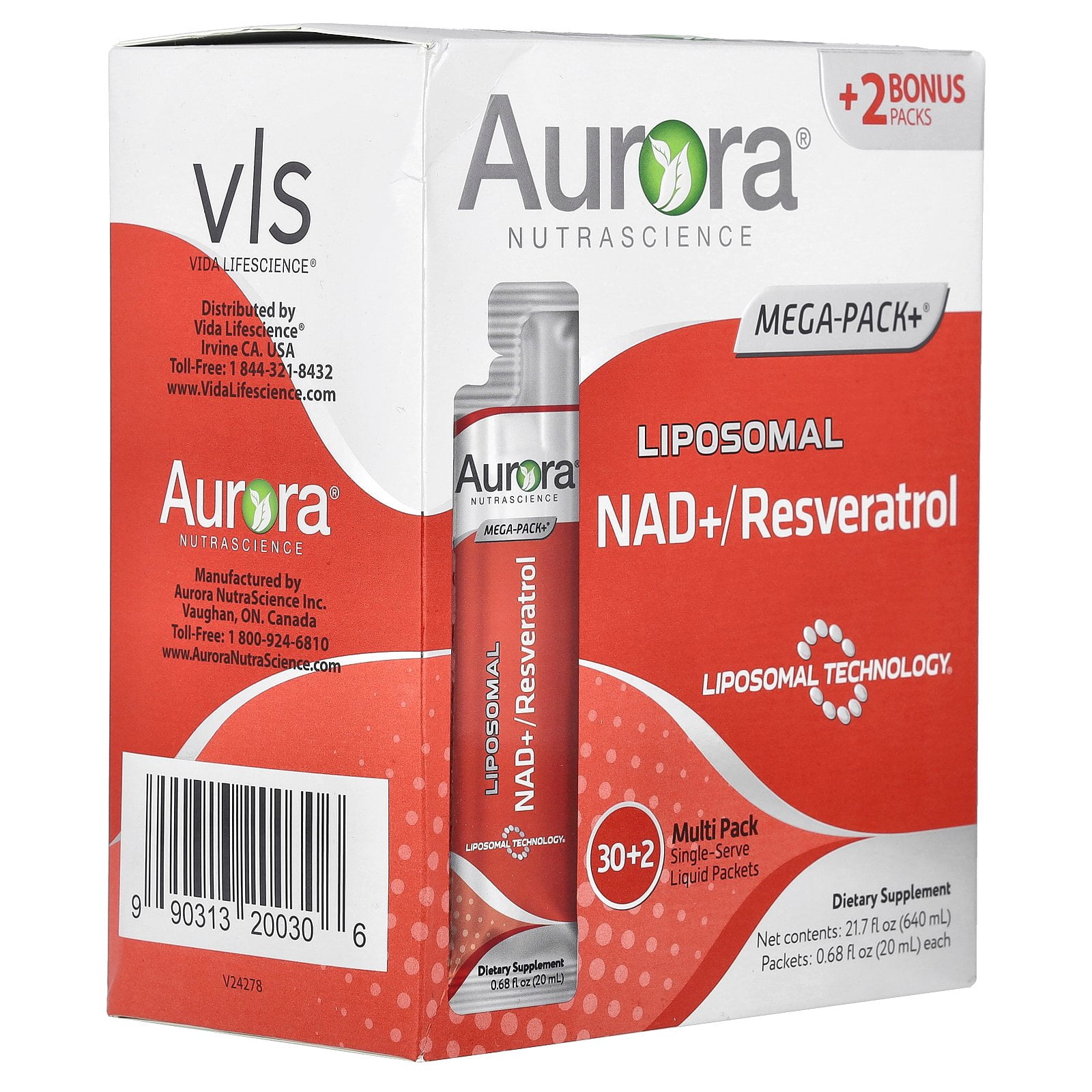 Aurora Nutrascience Liposomal NAD+/Resveratrol, 32 Packets, 0.68 fl oz (20 ml) Each