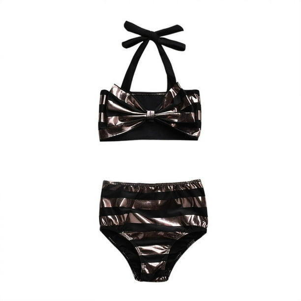 Conjunto de Bikini para niña bebé, traje de baño de rayas brillantes, Tops Halter para niños, pantalones cortos de cintura alta, traje de baño, ropa de playa, 0-3 meses, marrón Feliz Sencillez
