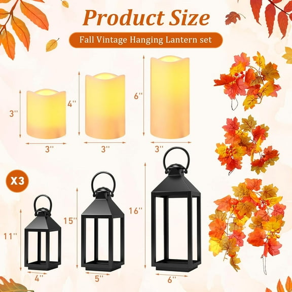 3 Set Fall LED Candle Lantern Decorative with Maple Pumpkin Vine Indoor & Outdoor, 11''15' 16'' Vintage Hanging Lantern, Thanksgiving for  Front Porch Home Decor