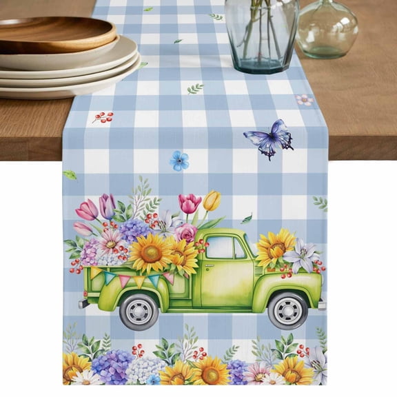 Table Runner 48 Inches Long for Kitchen Dining, Spring Floral Truck Dresser Scarf Farmhouse, Dining Table Decorations for Wedding/Parties, Watercolor Flowers Butterflies Blue Plaid 13 x 48 In