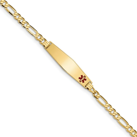 14K Medical Soft Diamond Shape Red Enamel Flat Figaro Link ID Bracelet in 14k Yellow Gold