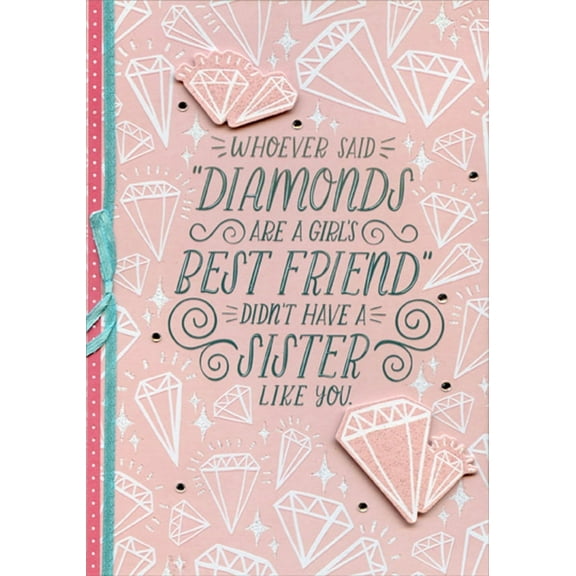 Designer Greetings Pink 3D Tip On Sparkling Diamonds, Blue Ribbon and Gems Hand Decorated Designer Boutique Keepsake Birthday Card for Sister