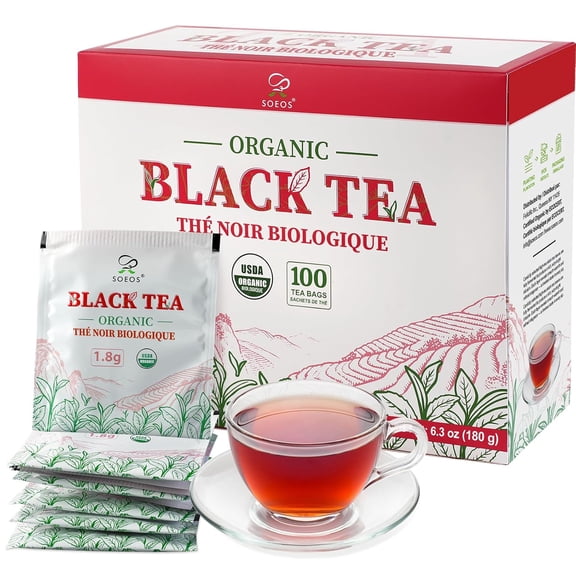 Soeos Organic Black Tea Bags, 6.3oz (180g) 100 Tea Bags, Bold Aroma & Smooth Flavor, Premium Handpicked Tea Leaves, Perfect for Morning Brew or Afternoon Refreshment