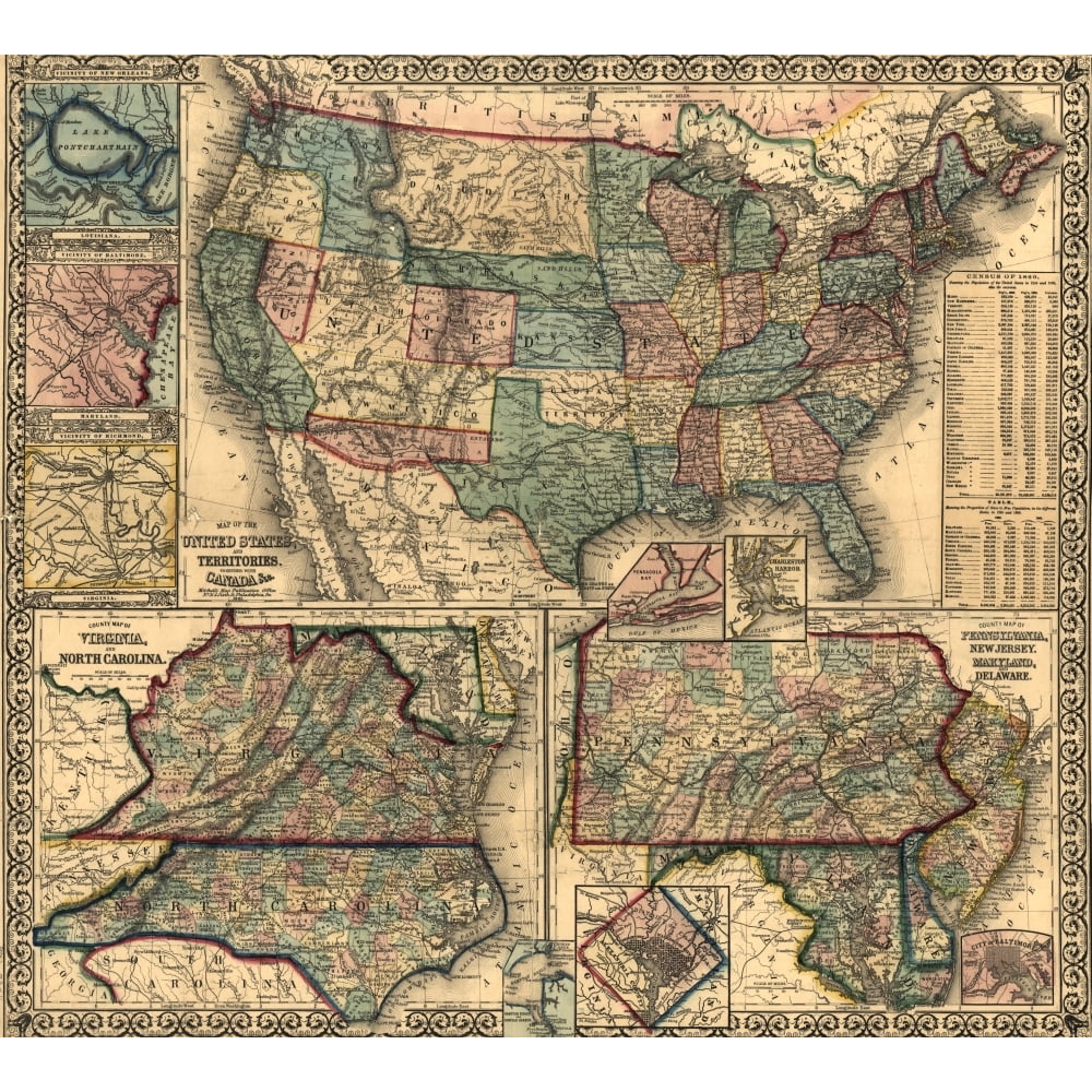 Map Of The United States And Its Territories 1861 Poster Print 18 X 24