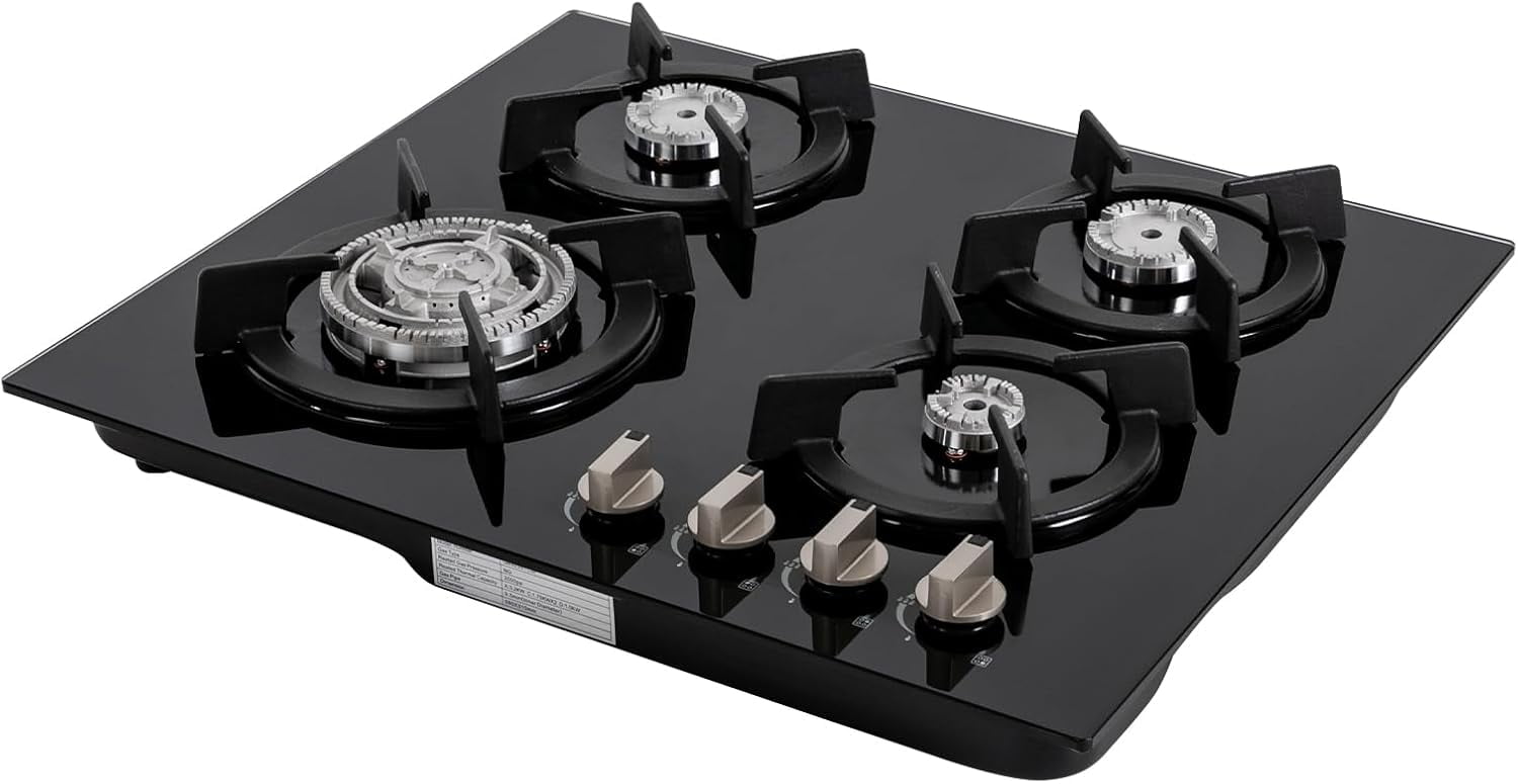 Miumaeov 23Inch 4 Burner Built-In Lpg Gas Stovetop,Drop-In Gas Hob with Independent Control Knobs&Backfire Protection,Black Tempered GlassGas Cooktop